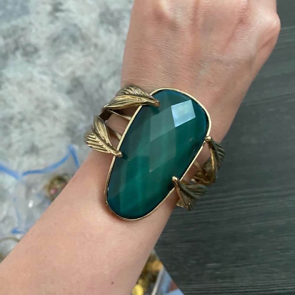Gold Leaf Cuff Bracelet with Teal Green Stone
